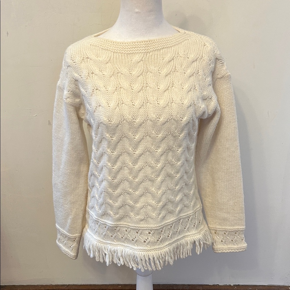 Elsamanda Elegant Cream Cable Knit Sweater with fringe Size S EUC